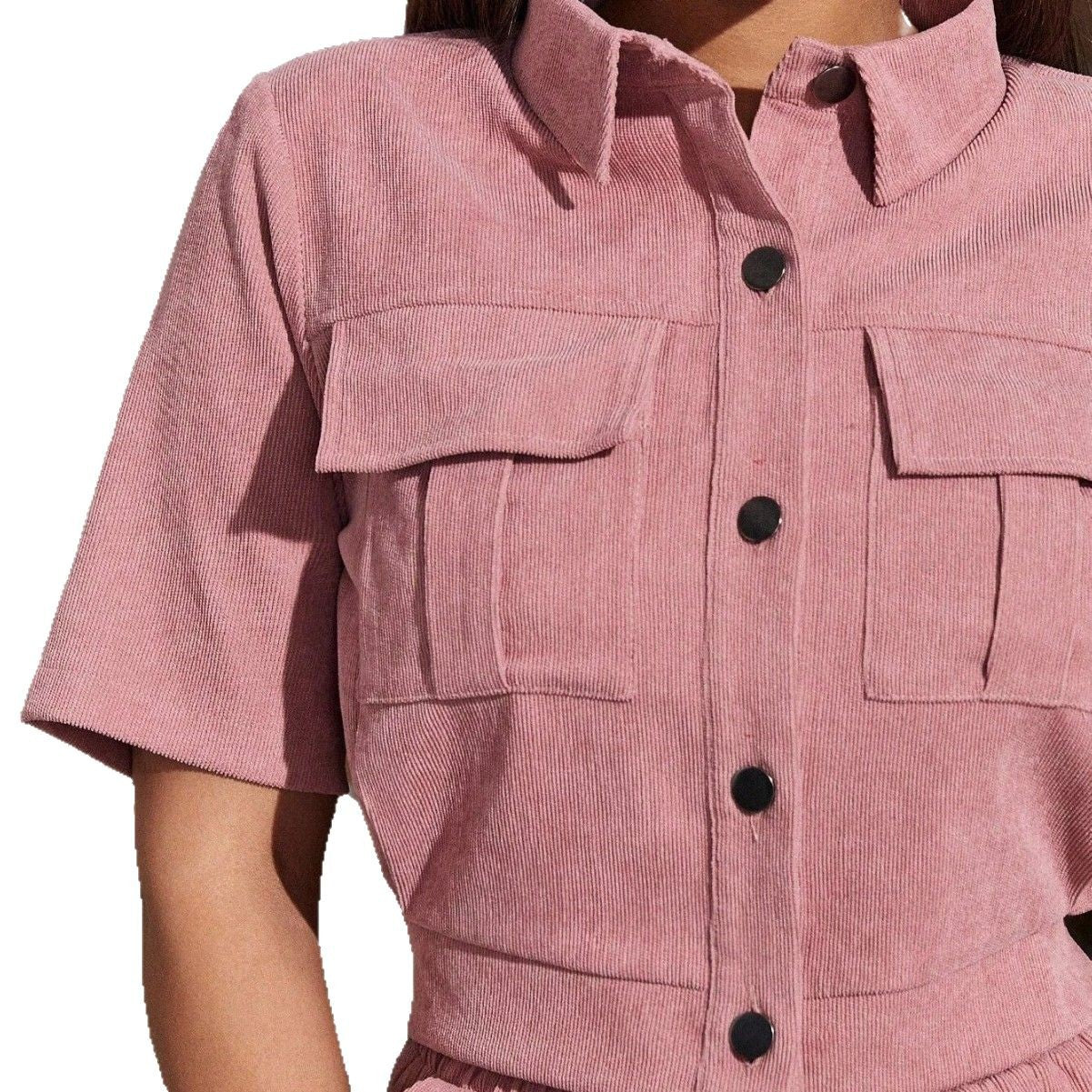 Women's corduroy pantsuit with classic collar and elastic waistband WW