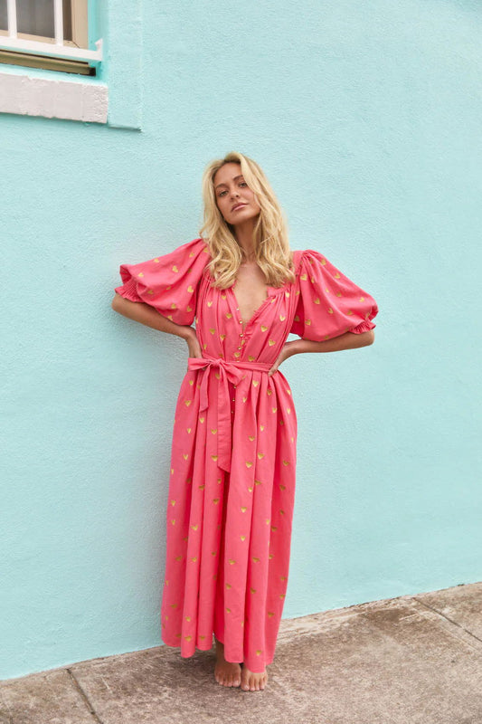 Damen Sommerkleid mit Puffärmeln und goldenen Details WW