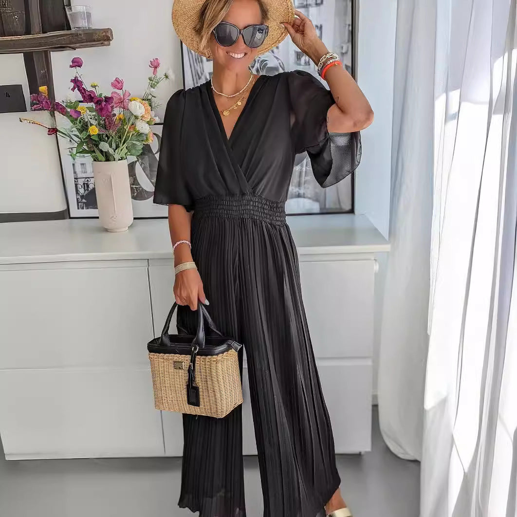 Women's Elegant Jumpsuit with Deep V-Neck and Voluminous Sleeves WW