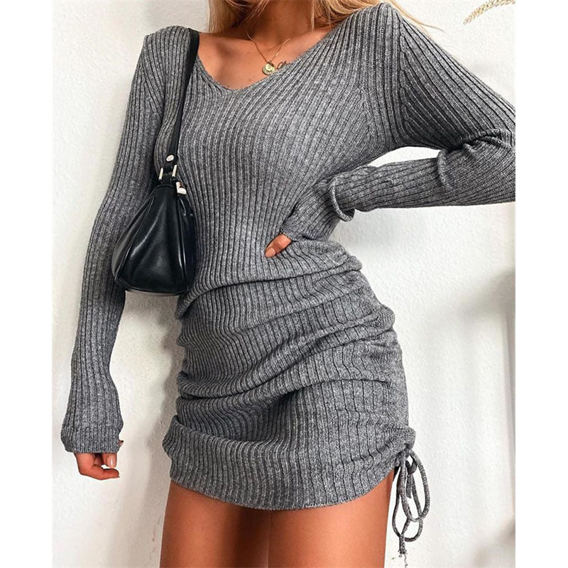 Damen figurbetontes Strickkleid mit raffinierten Rüschendetails WW