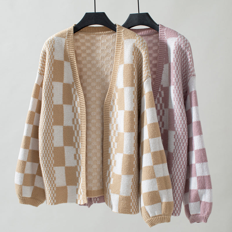 WW | Kariert Gestrickte Strickjacke für Damen