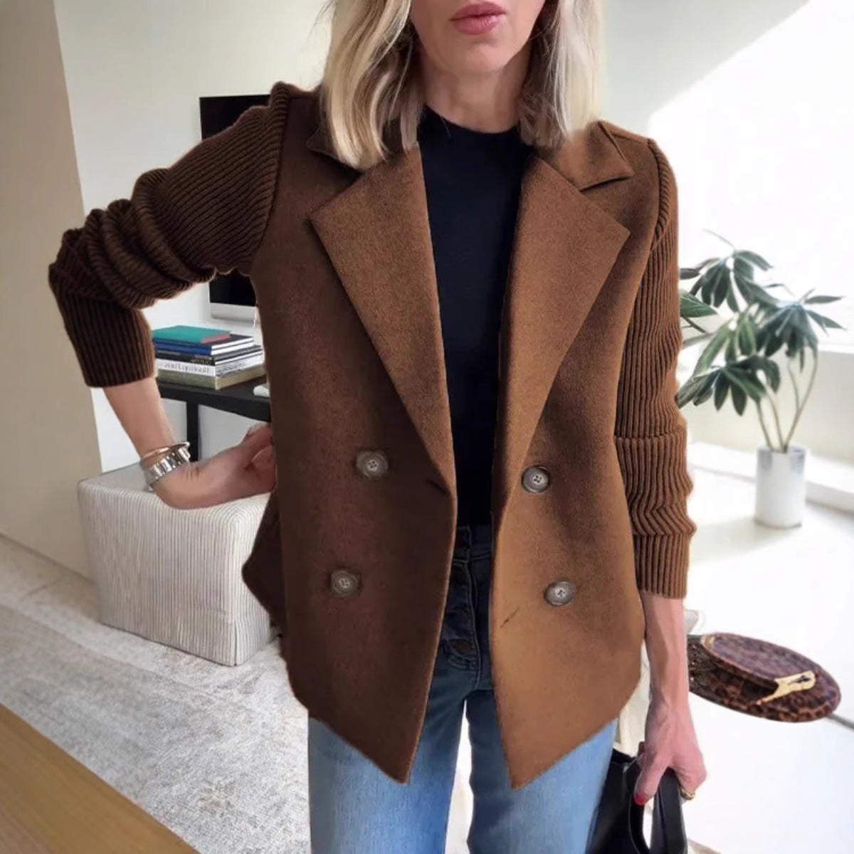 WW | Plus Size Double-Breasted Blazer with Soft Finish and Ribbed Sleeves