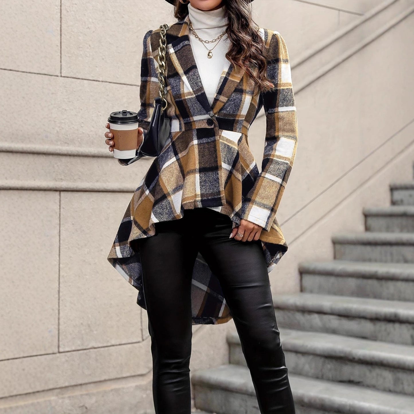 WW | Frauen Karomuster Jacke Asymmetrisches Hemd