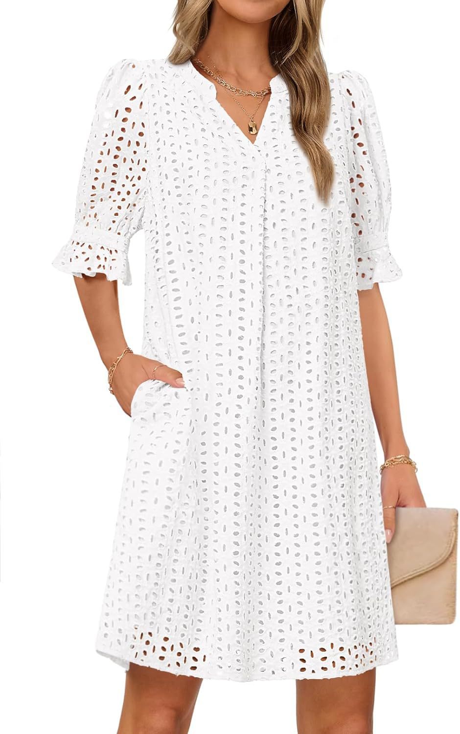Damen luftiges Sommerkleid mit romantischem Lochmuster und praktischen Taschen WW