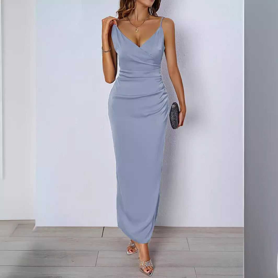 Damen figurbetontes Abendkleid mit V-Ausschnitt und elegantem Drapierungsdesign WW