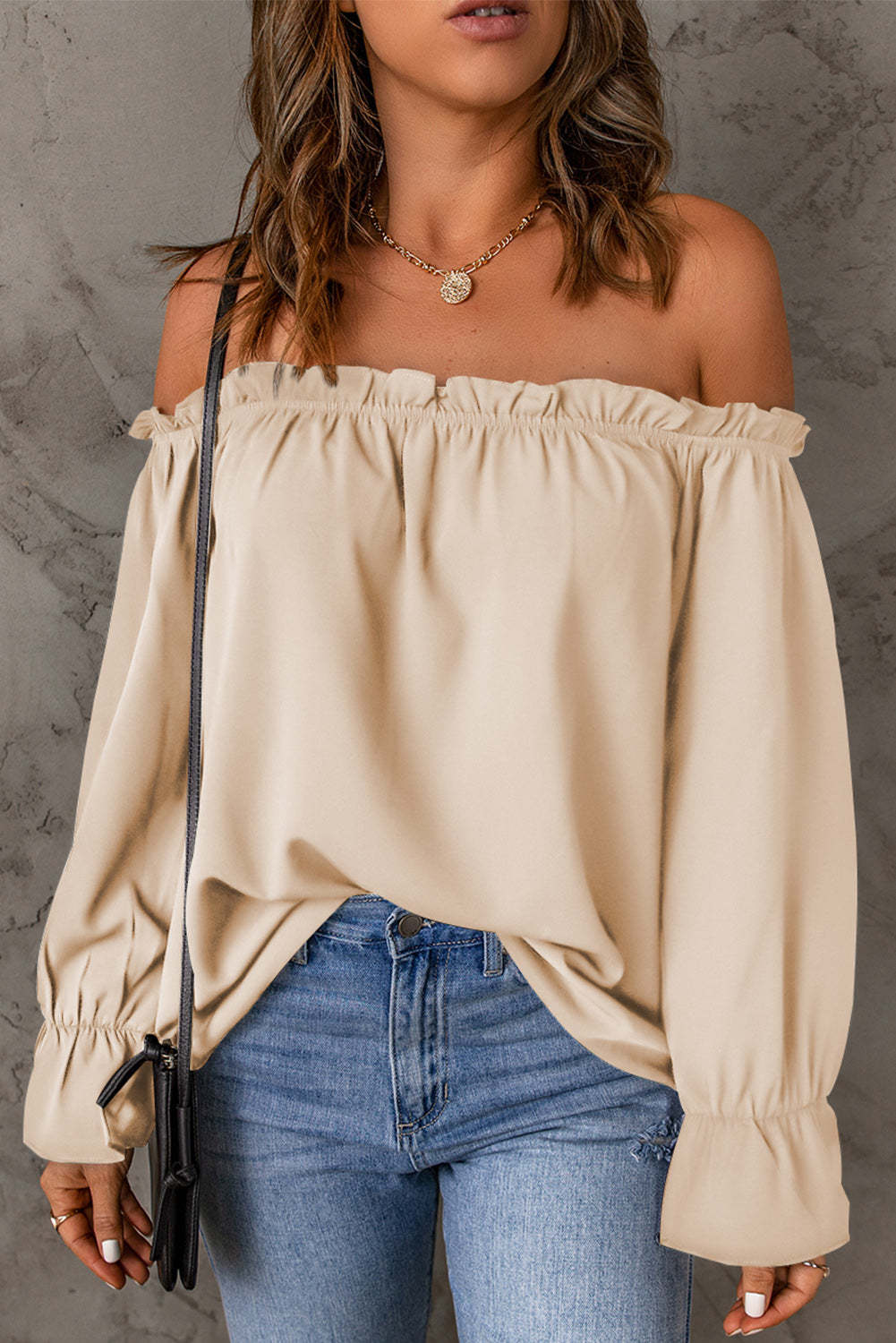 Ladies' Chic Off-Shoulder Top with Ruffle Details and Elastic Cuffs WW