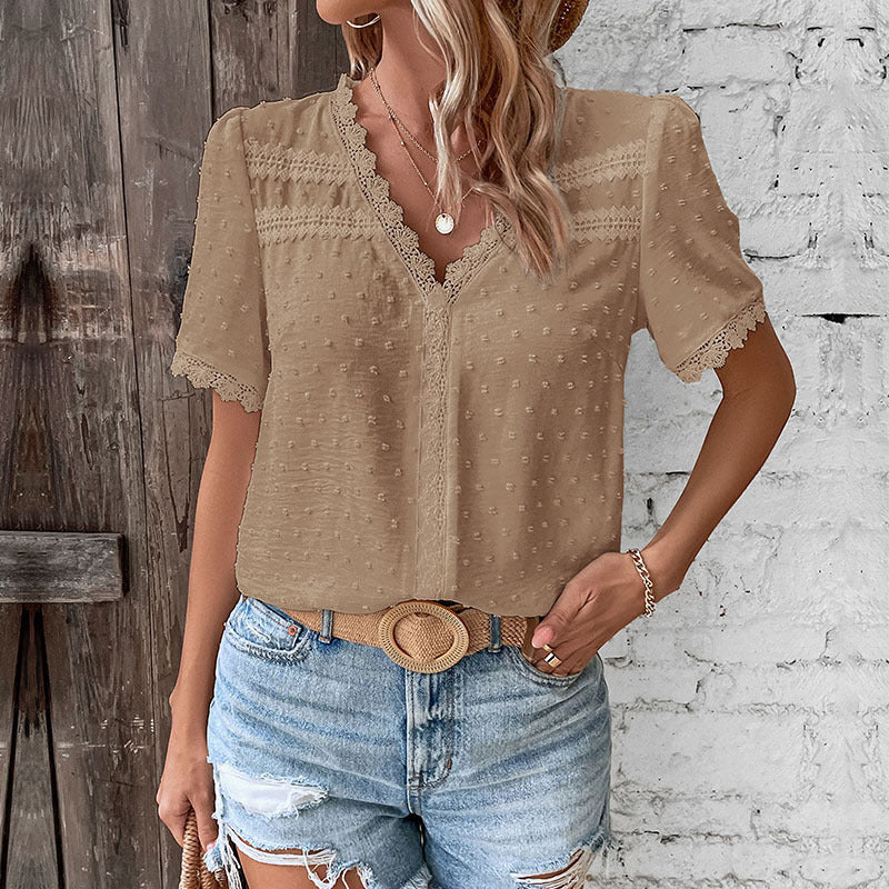 Women's Short-Sleeve Blouse with Lace Trim and Textured Design WW
