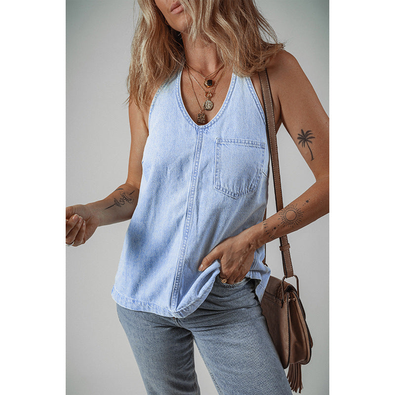 Women's Sleeveless Denim Top with Practical Chest Pockets WW