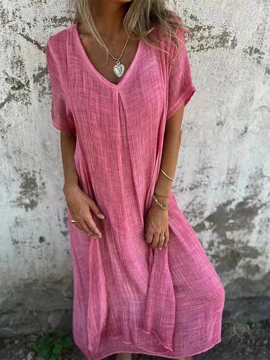 WW | Baumwolle Leinen V-Ausschnitt Kleid
