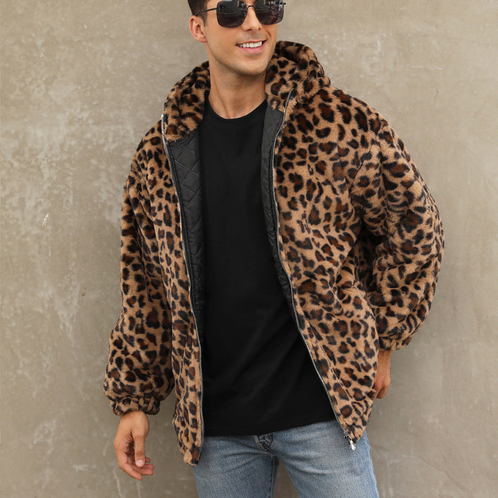 Herren kuschelige Fleecejacke im Leopardenmuster WW