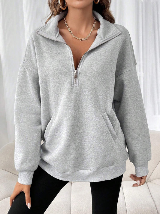 Damen lässiger Sweatpulli mit halbem Reißverschluss und Seitentaschen WW