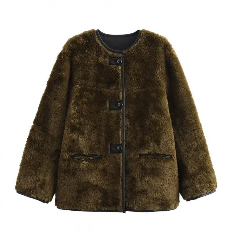 WW | Damen Teddyjacke mit Kontrasttaschen