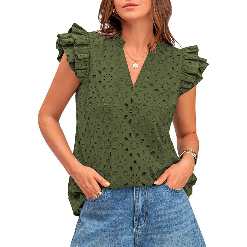 Women's Blouse with Ruffled Sleeves and Floral Eyelet Pattern WW