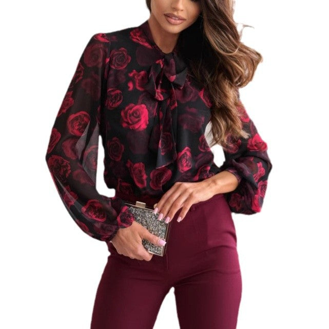 Damen Transparente Bluse mit floralem Design und elegantem Schleifenkragen WW