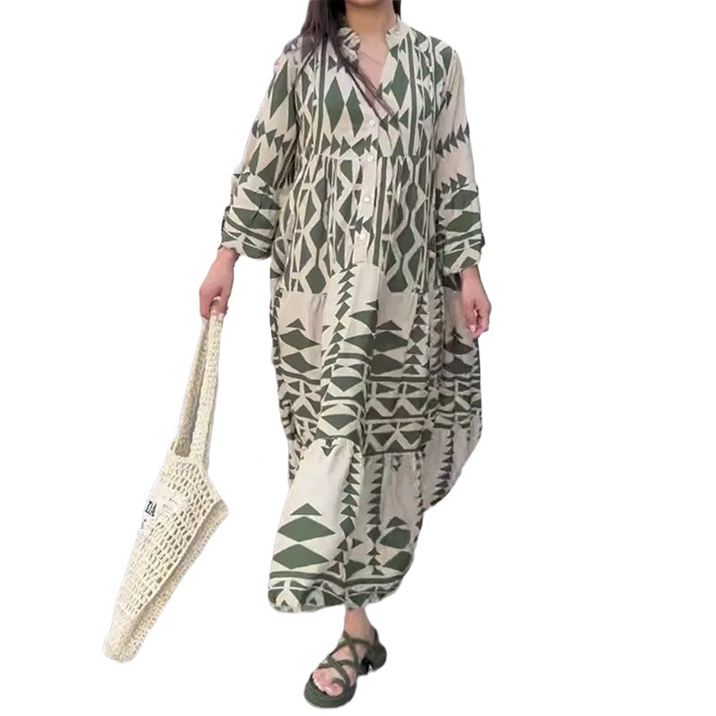 Damen Maxikleid mit geometrischem Muster und fließendem Schnitt WW