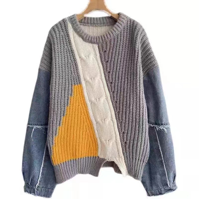 WW | Patchwork-Pullover mit Denim-Ärmeln