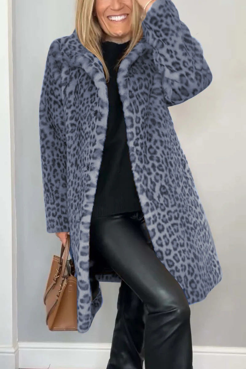 WW | Oversized Fit Faux Fur Lapel Collar Leopard Print Casual