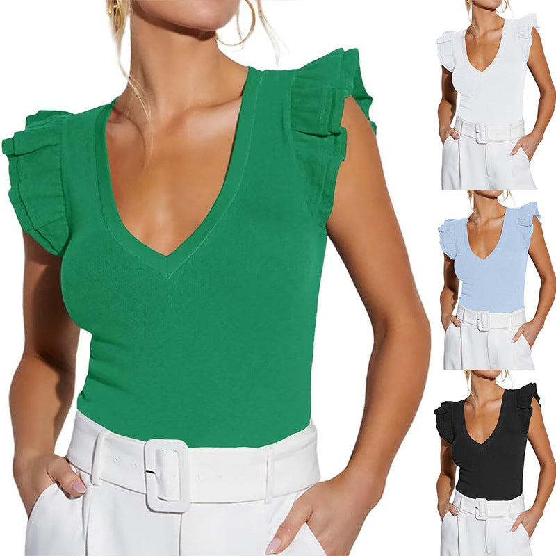 Women's Sleeveless Top with Ruffles and V-neckline WW