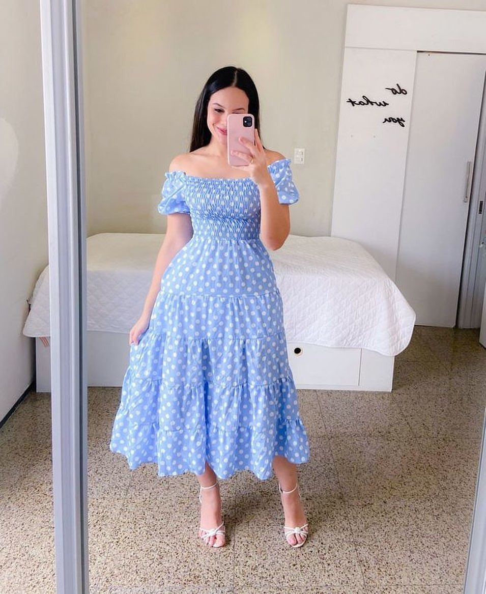 Damen Midi-Kleid mit schulterfreiem Design und verspieltem Schmetterlingsmuster WW