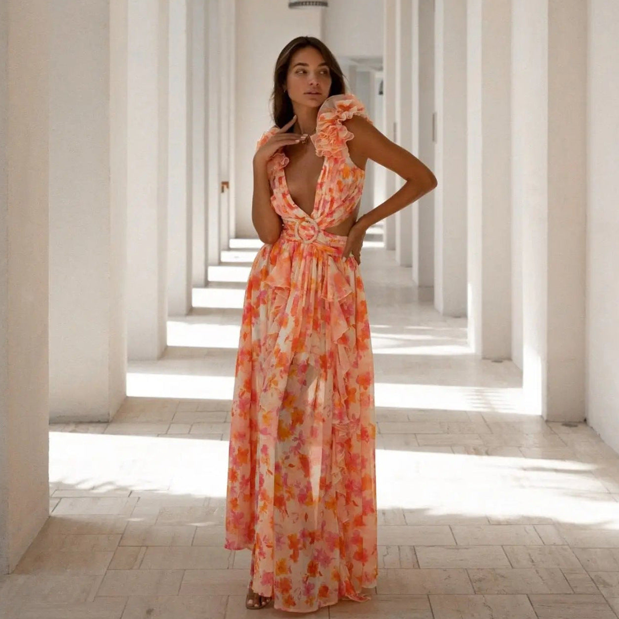 Damen Maxi Kleid mit Rüschendetails und Blumenmuster WW