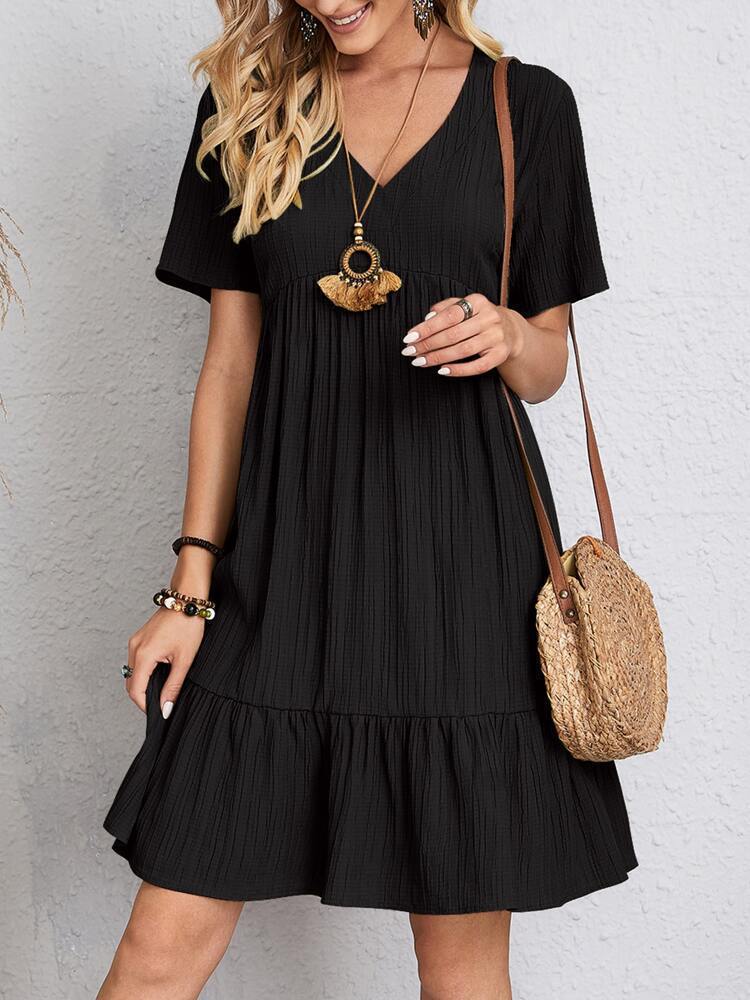 Damen lässiges Freizeitkleid mit voluminösem Saum und V-Ausschnitt WW