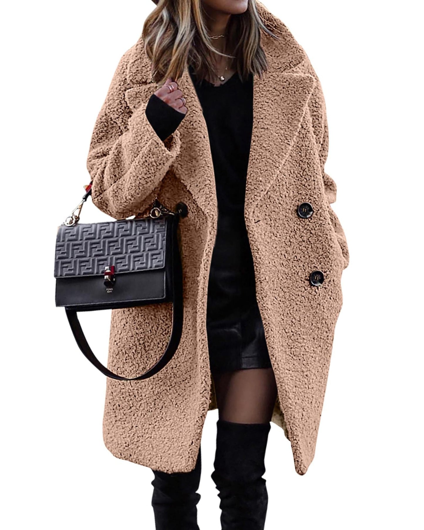 WW | Long black plush coat for a warm style