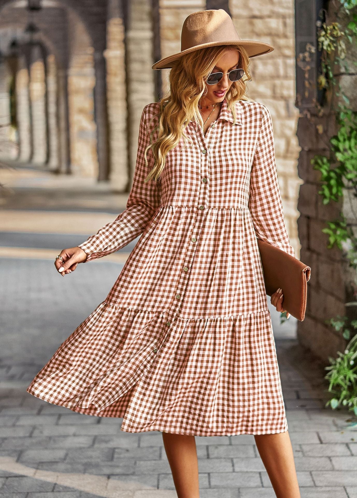 Damen karierte Midi-Bluse mit Knopfleiste und ausgestelltem Rock WW