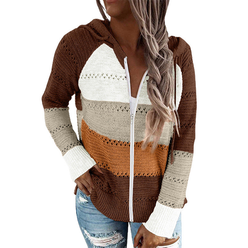 Women's Casual Knitted Cardigan with Hood and Decorative Openwork Pattern WW