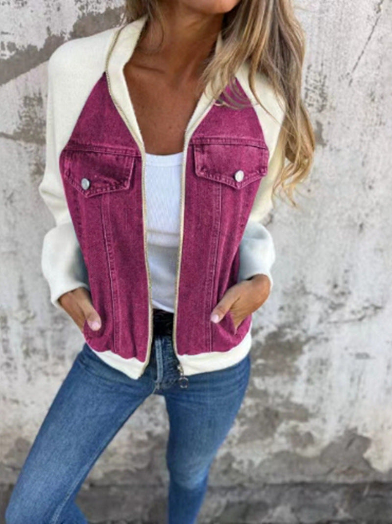 Damen Denim-Jacke mit kontrastfarbenen Ärmeln und praktischen Taschen WW