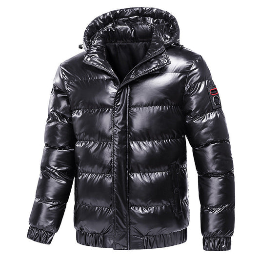 Men's shiny winter jacket with insulated hood and modern quilting details WW