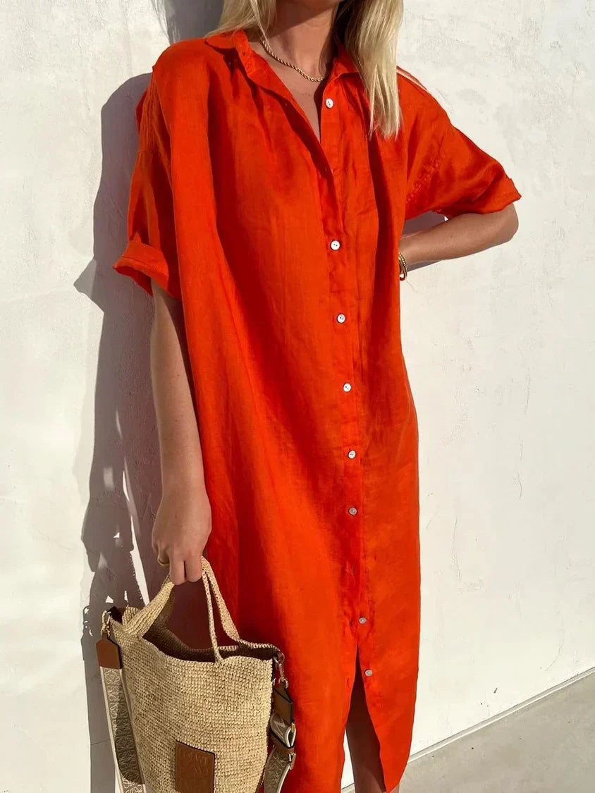 WW | Button-Up Dress with Wide Neckline and Slim Sleeves, Elegant and Loose, for Women Cotton and Linen Dresses