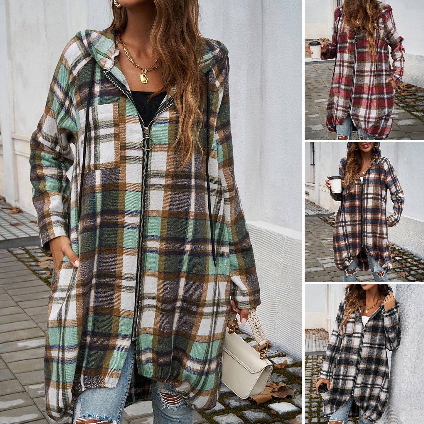 Women's Plaid Long Jacket with Hood and Pockets WW