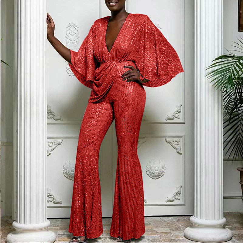 WW | Sequin Deep V Backless Long Jumpsuit