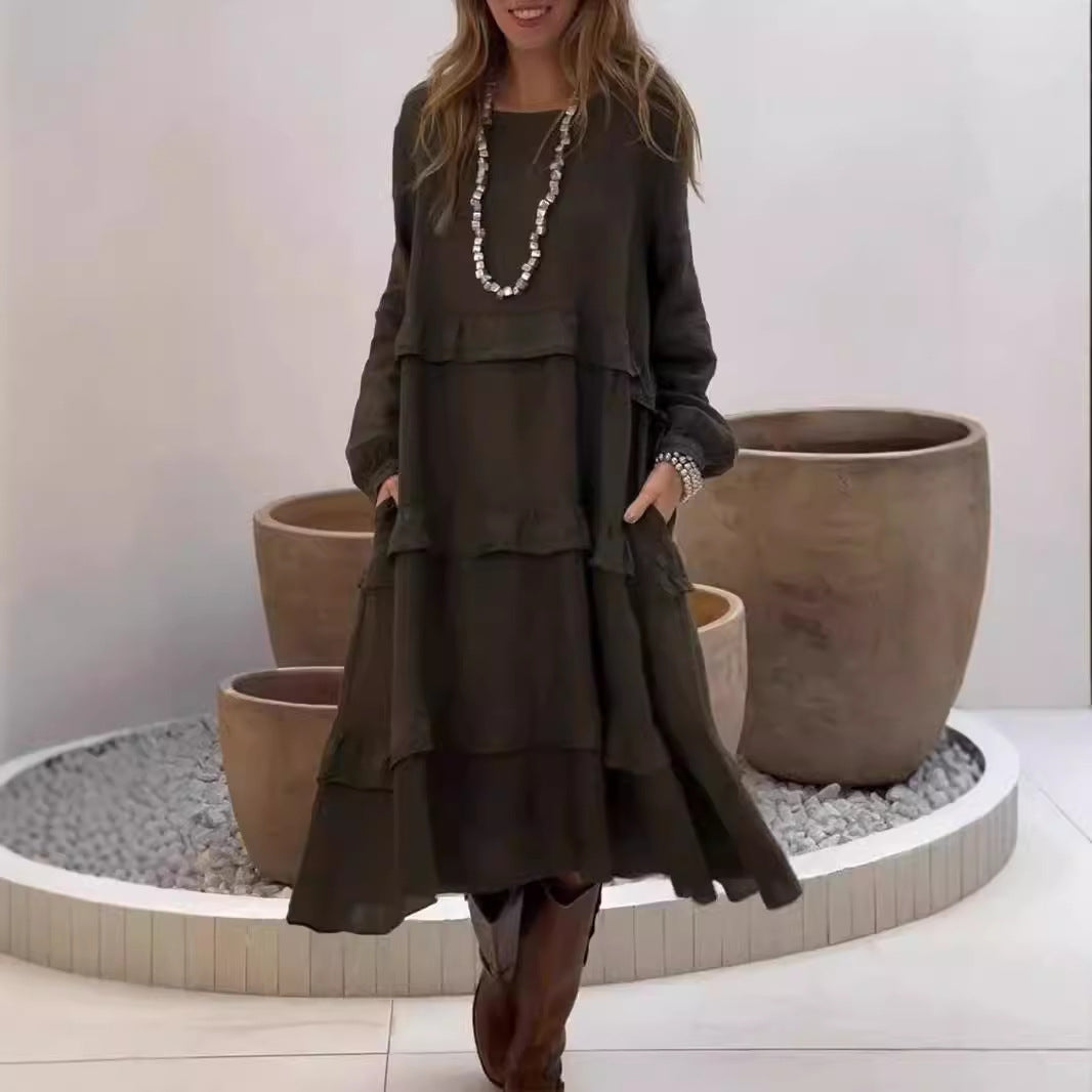 WW | Ruffled Round Neck Long Sleeve Dress