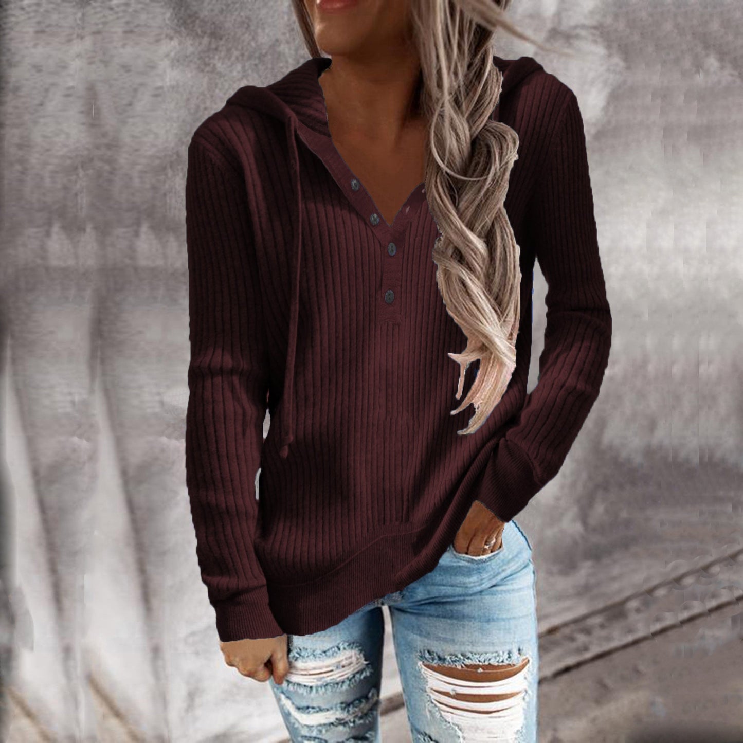 Damen Hoodie mit strukturiertem Rippmuster und knöpfbarem Ausschnitt WW