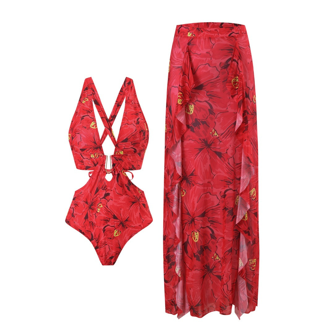 Damen Badeanzug und Maxi-Rock-Set mit floralen Akzenten und eleganten Rüschendetails WW