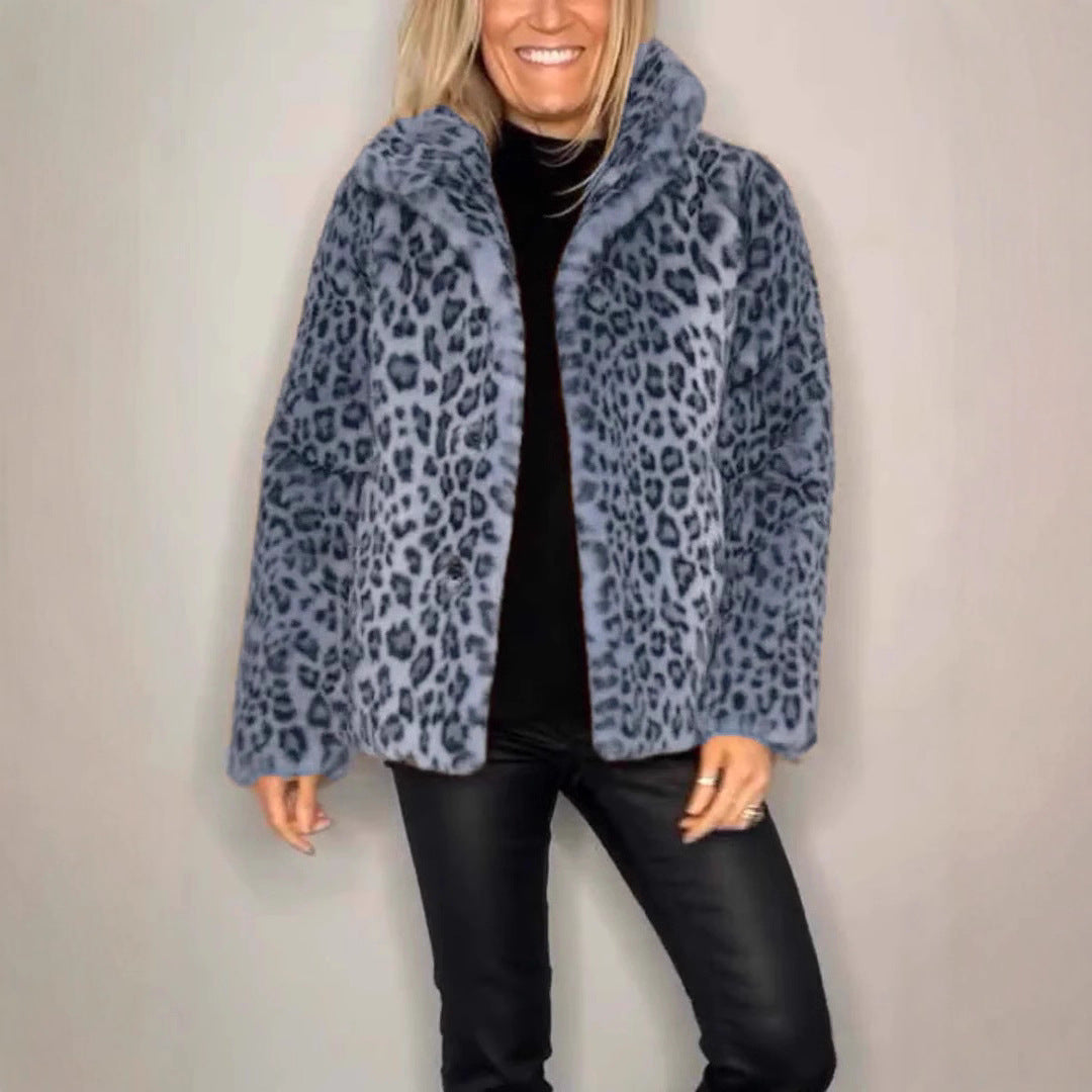 Damen Flauschige Leopardmuster Jacke mit hohem Kragen WW