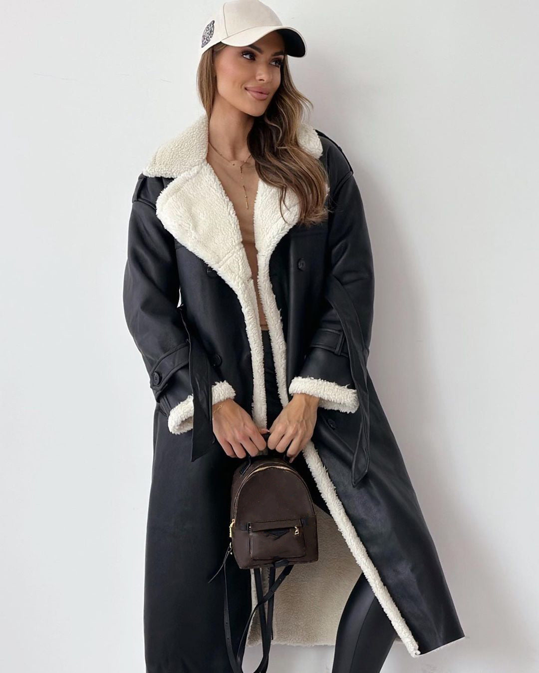 WW | Women's Long Coat – Oversized Fit – Leather Look – Plush Lined – Belt Closure