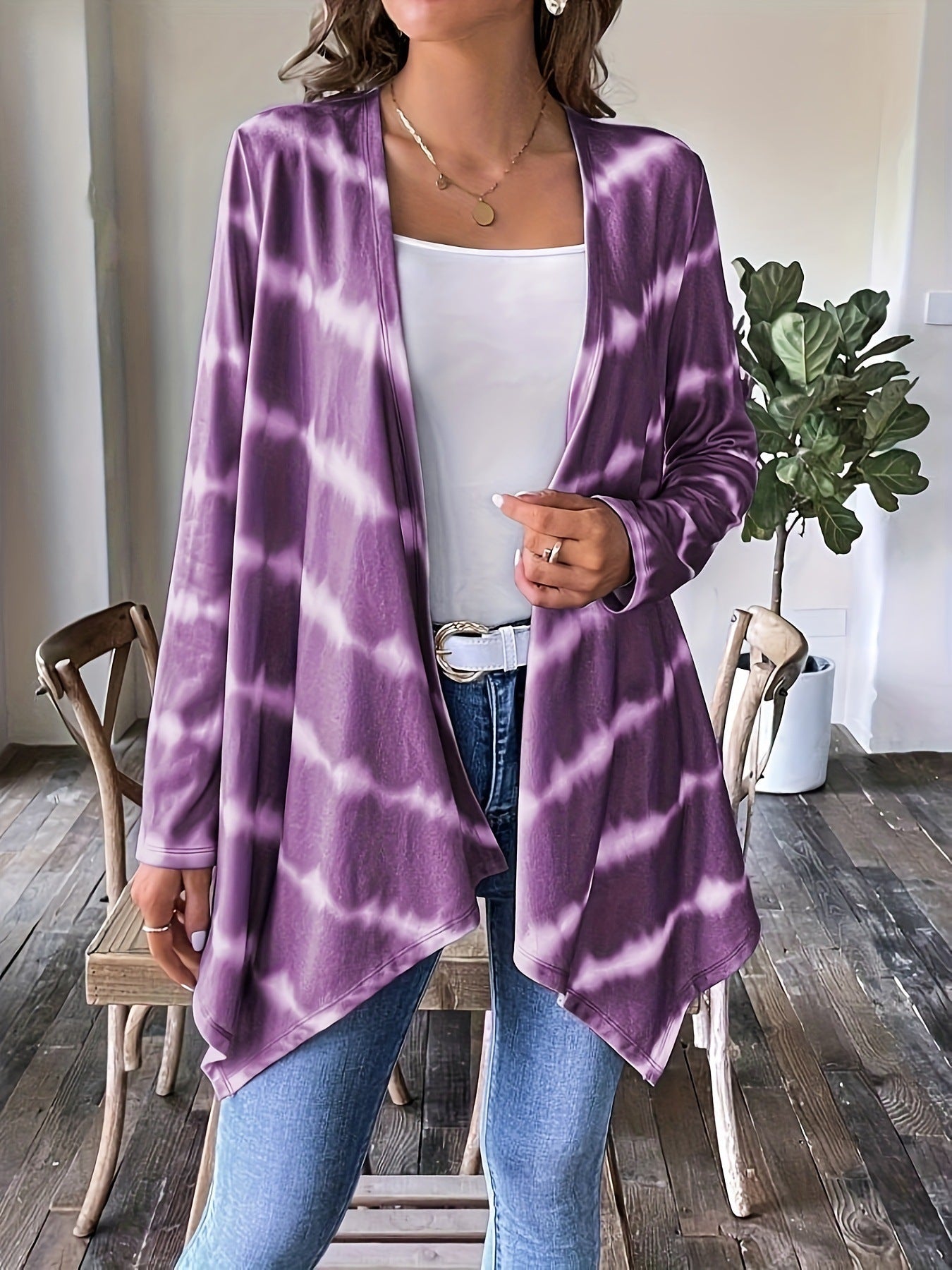 WW | Cardigan - Offene Vorderseite - Lange Ärmel - Batikmuster - Lässige Chic-Schicht