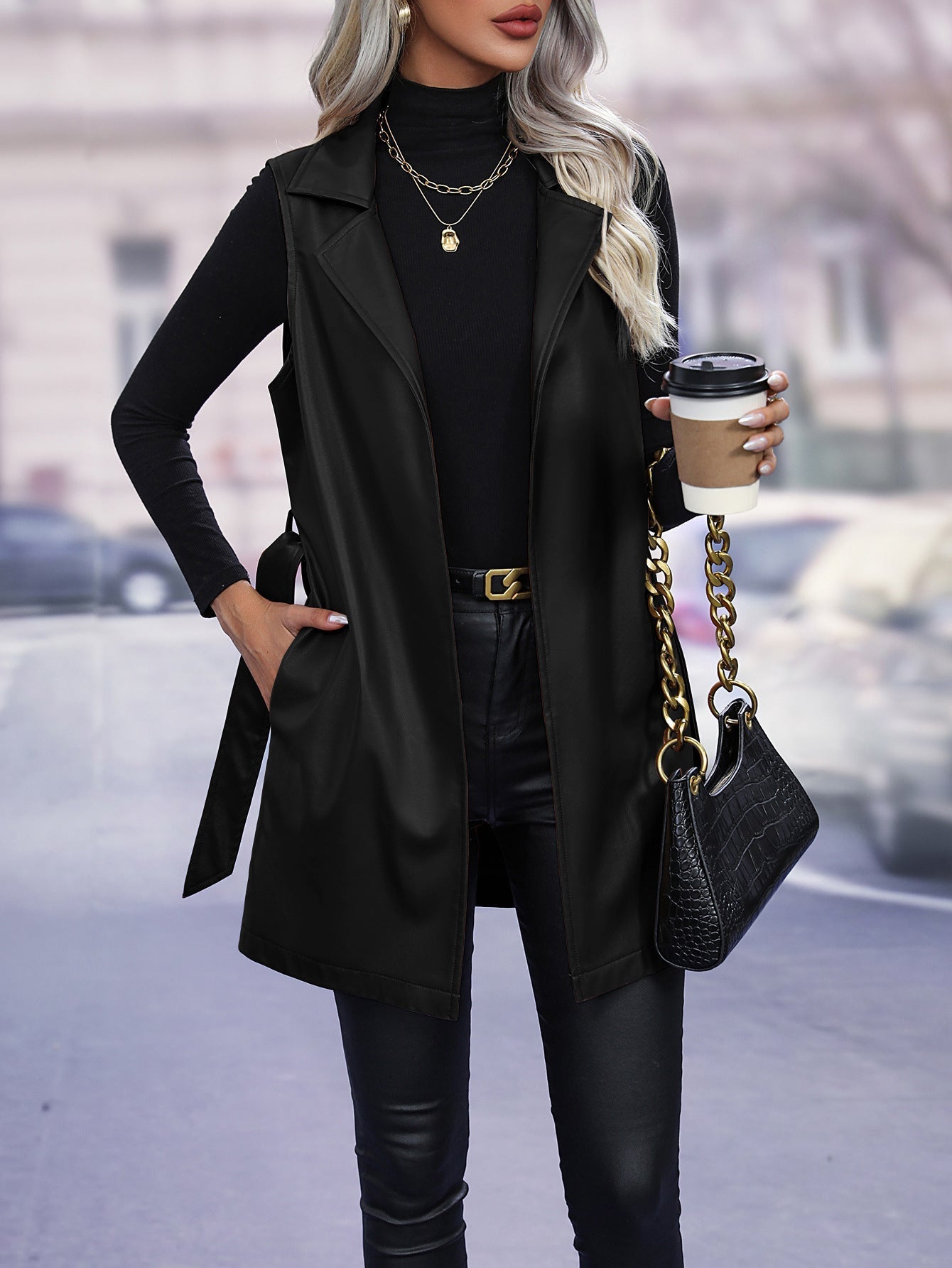 WW | Fitted Faux Leather Tie Waist Sleeveless Layered Look