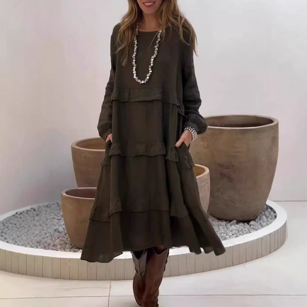 WW | Ruffled Round Neck Long Sleeve Dress