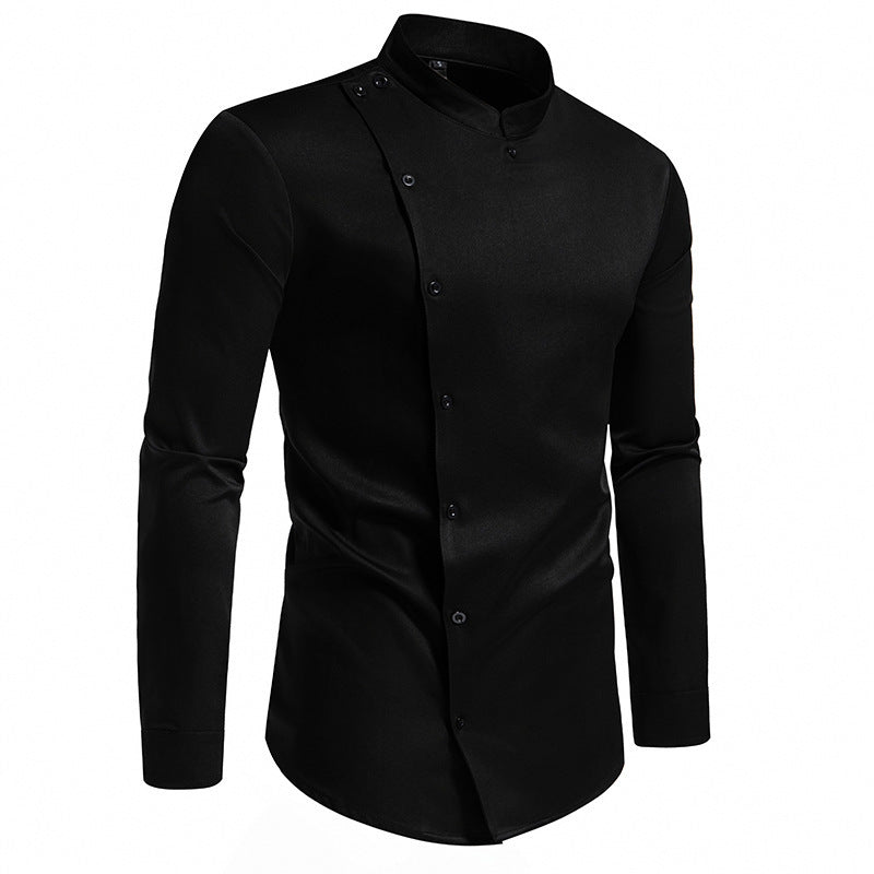 Men's fashionable shirt with asymmetrical button design and elegant stand-up collar WW