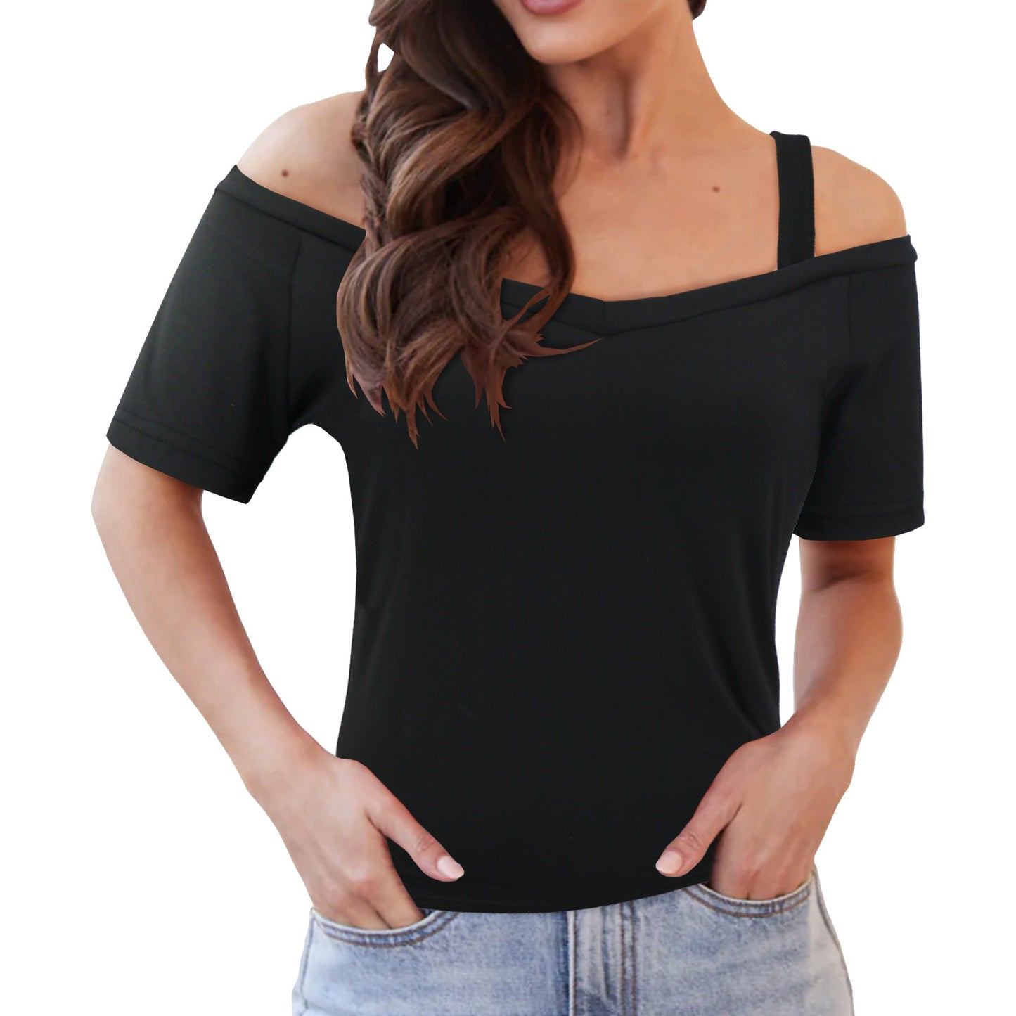 Women's Off-Shoulder Top with Elastic Straps and V-Neck WW