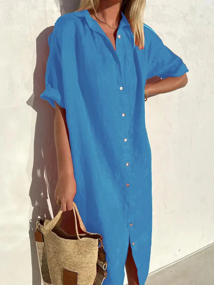 WW | Button-Up Dress with Wide Neckline and Slim Sleeves, Elegant and Loose, for Women Cotton and Linen Dresses