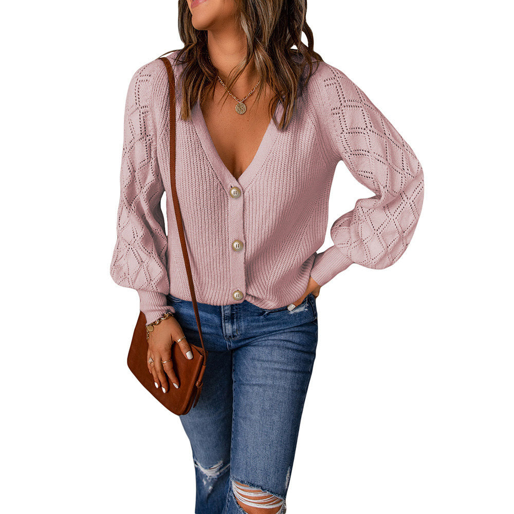 Damen Strickjacke mit V-Ausschnitt und Puffärmeln WW