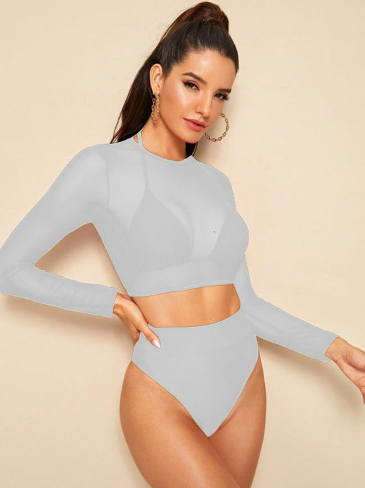 Women's Sport Bikini Set with Long Sleeve Top and High Waist WW