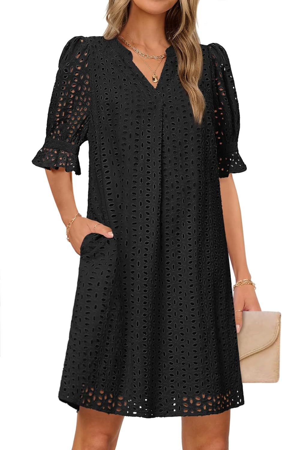 Damen luftiges Sommerkleid mit romantischem Lochmuster und praktischen Taschen WW
