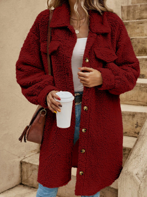 WW | Women's Long Jacket – Plush Fleece – Oversized Fit – Wide Lapels – Button Closure