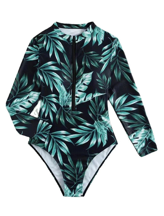 Damen Langarm-Badeanzug mit Floralprint und hochabschließendem Zip WW
