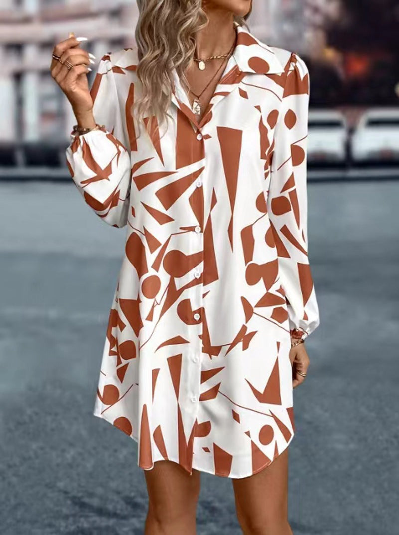 Damen Hemdblusen-Kleid mit modernem geometrischem Druck und praktischen Knopfdetails WW
